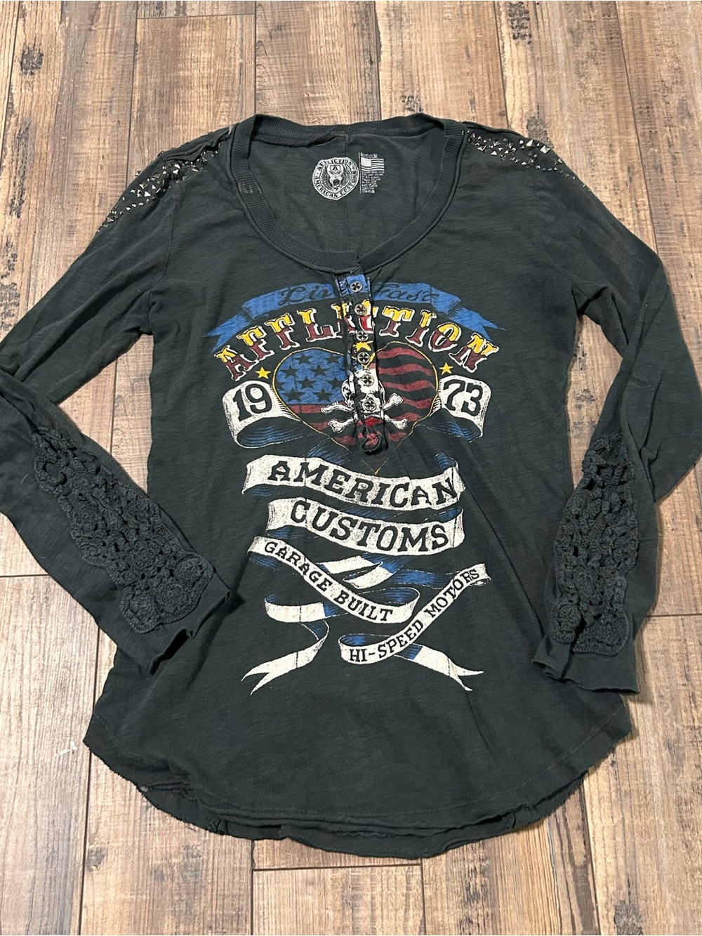 Affliction American Customs Long Sleeve With Lace & Studded Accent Henley Top